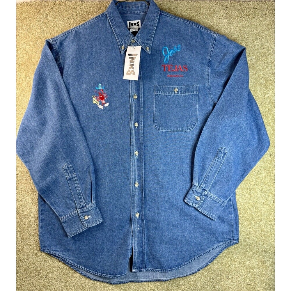 Men’s New Tags Embroidered Logo Jose Tejas Restaurant Crawfish Denim Shirt Large